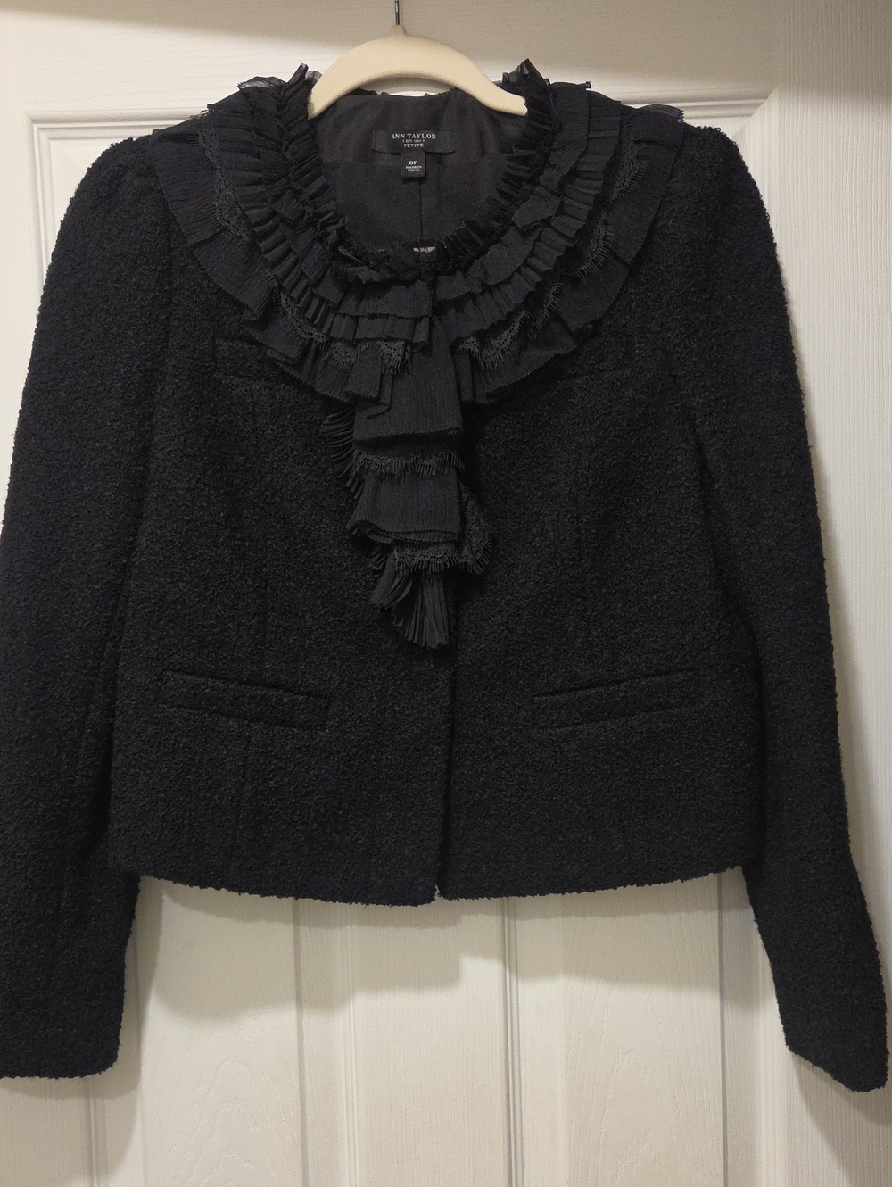 Ann Taylor Black Ruffle Bouclé Blazer